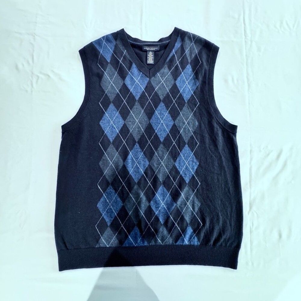 Banana Republic Silk Cashmere Argyle Sweater Vest Mens XL Navy V-Neck